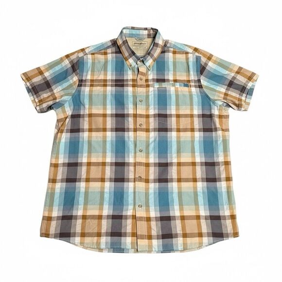 Eddie Bauer Button Down Short Sleeve Shirt Plaid Blue Cotton Men’s XXL Pre-own - Picture 2 of 9